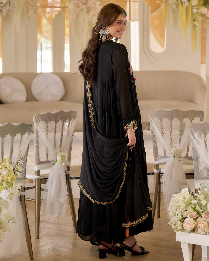 Noor-e-Gul Black Threadwork A Line Mul Chanderi Suit