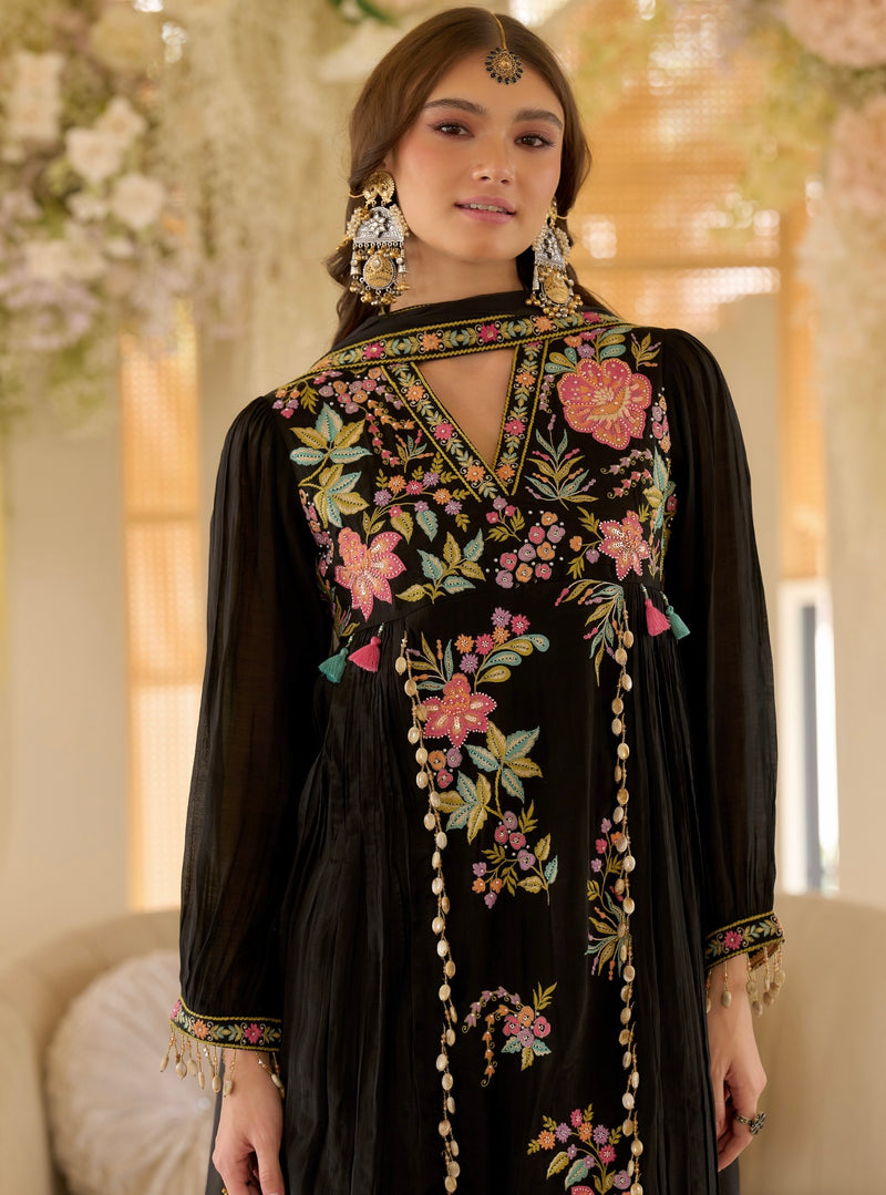 Noor-e-Gul Black Threadwork A Line Mul Chanderi Suit