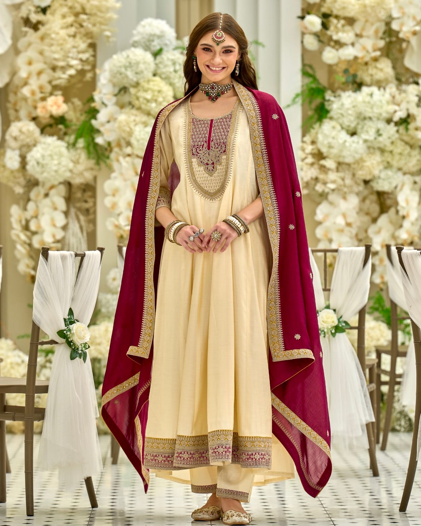 Zehra Ivory Mehroon Silk Handwork Festive Anarkali Suit