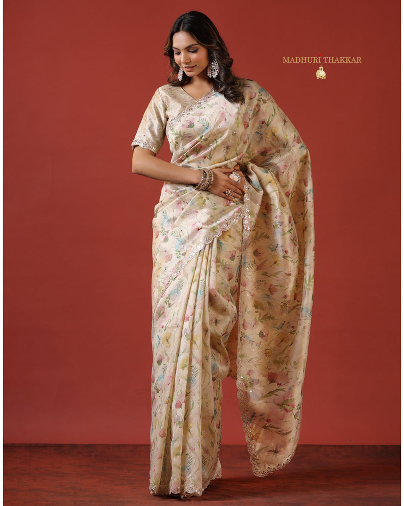 Ivory Multi Floral Tussar Saree With Mirror and Aari Work