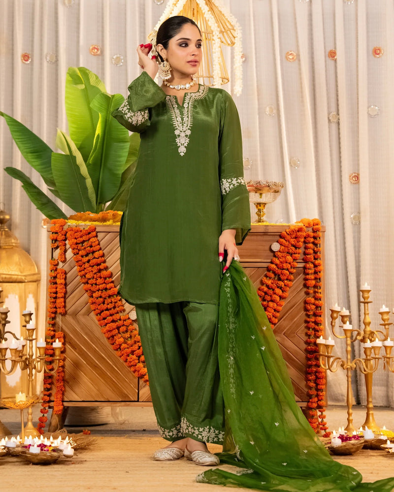 Bottle Green Glass Organza Farshi Handwork Festive Suit