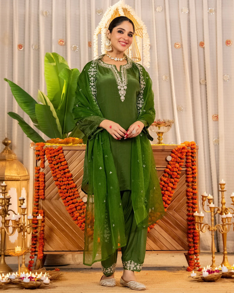 Bottle Green Glass Organza Farshi Handwork Festive Suit