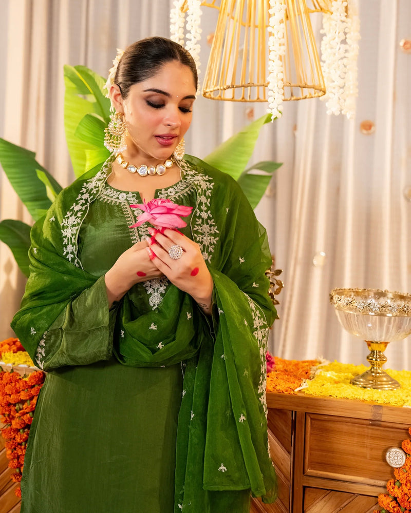 Bottle Green Glass Organza Farshi Handwork Festive Suit