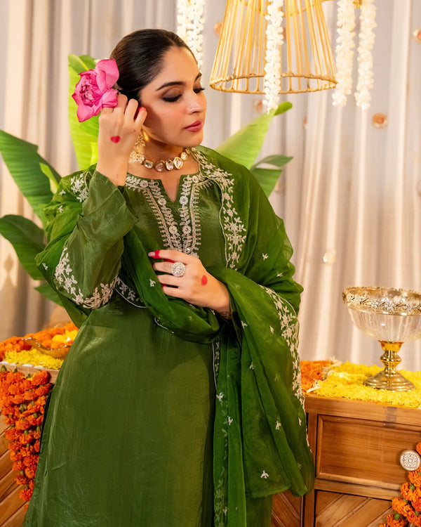 Bottle Green Glass Organza Farshi Handwork Festive Suit