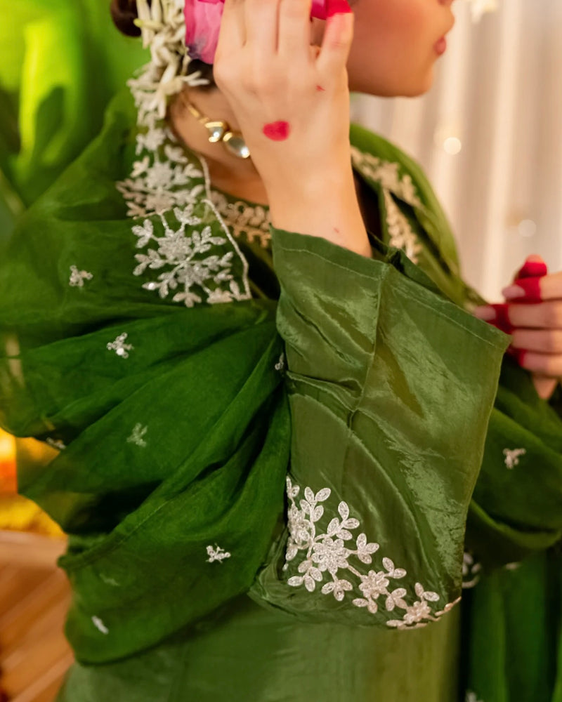 Bottle Green Glass Organza Farshi Handwork Festive Suit