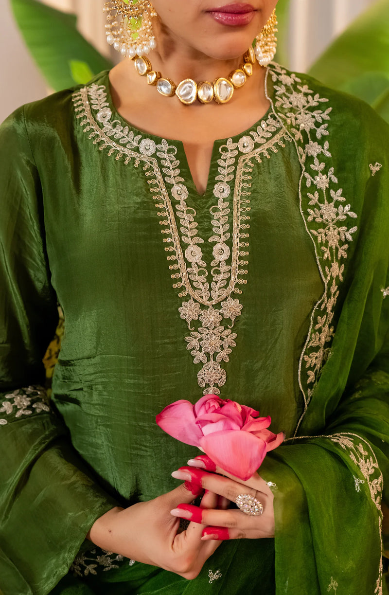 Bottle Green Glass Organza Farshi Handwork Festive Suit