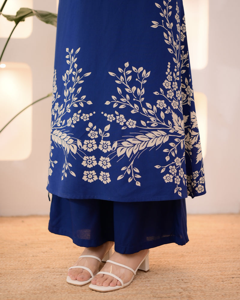 Morocco Blue Petals Cotton A Line Kurta Palazzo Set