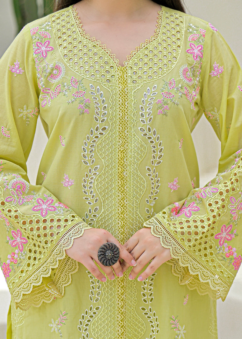 Lime Green Pakistani Handwork Festive Cotton Suit