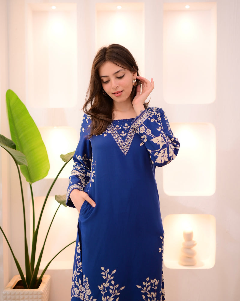 Morocco Blue Petals Cotton A Line Kurta Palazzo Set