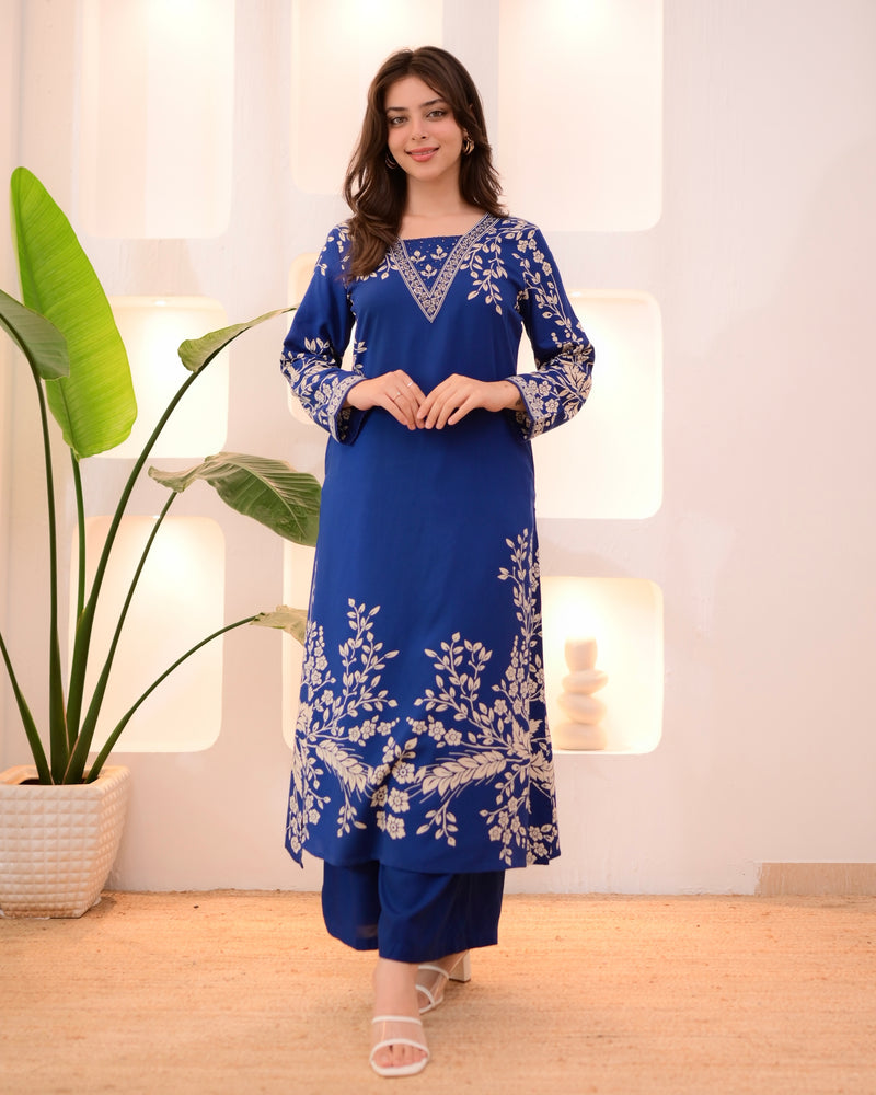 Morocco Blue Petals Cotton A Line Kurta Palazzo Set