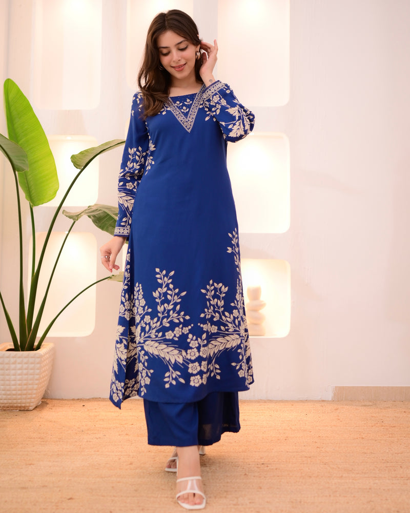 Morocco Blue Petals Cotton A Line Kurta Palazzo Set