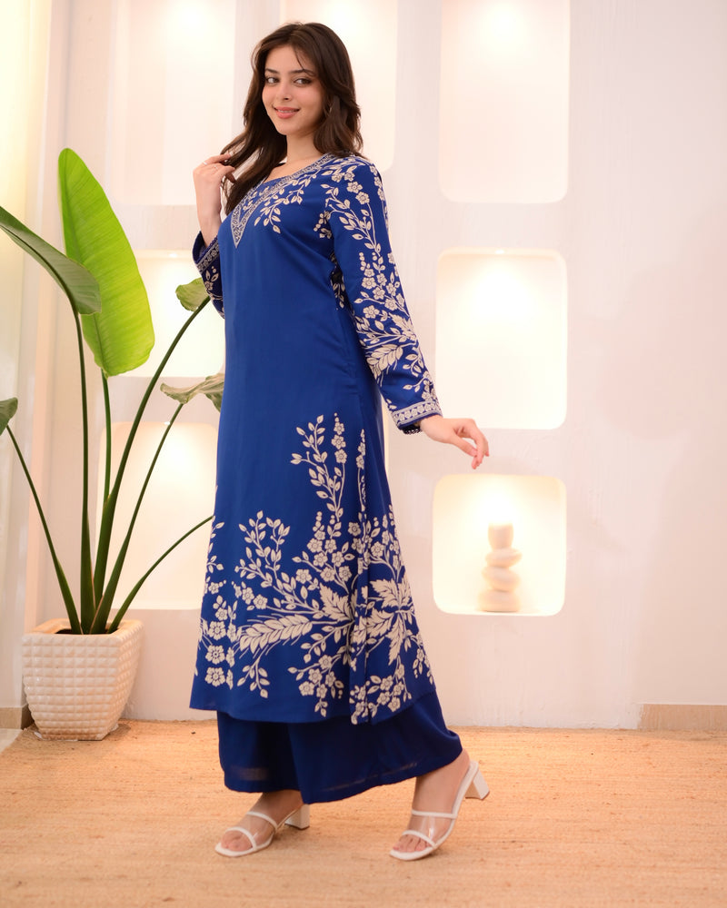 Morocco Blue Petals Cotton A Line Kurta Palazzo Set