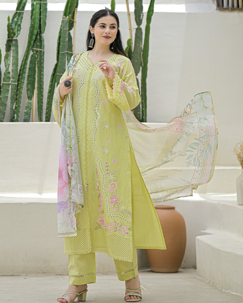 Lime Green Pakistani Handwork Festive Cotton Suit