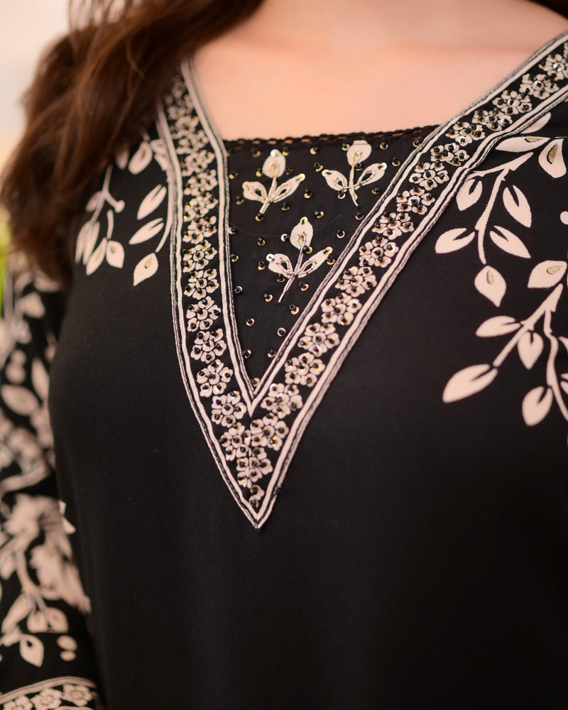Black Petals Cotton A Line Kurta Palazzo Set