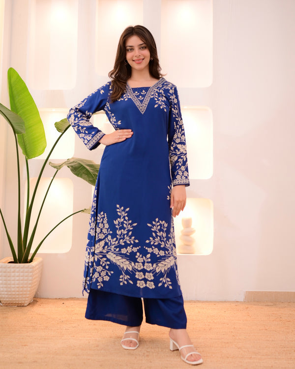 Morocco Blue Petals Cotton A Line Kurta Palazzo Set