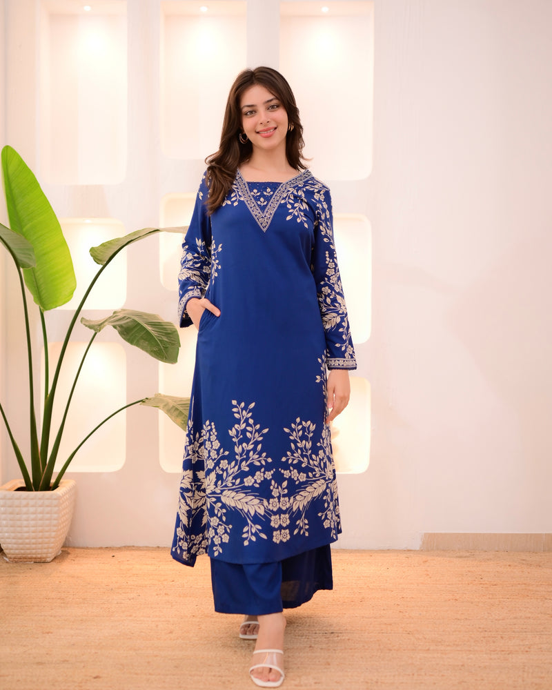 Morocco Blue Petals Cotton A Line Kurta Palazzo Set
