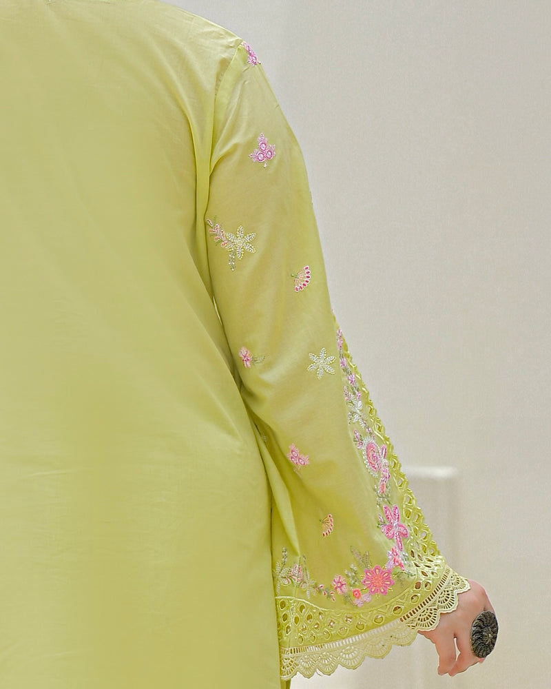 Lime Green Pakistani Handwork Festive Cotton Suit