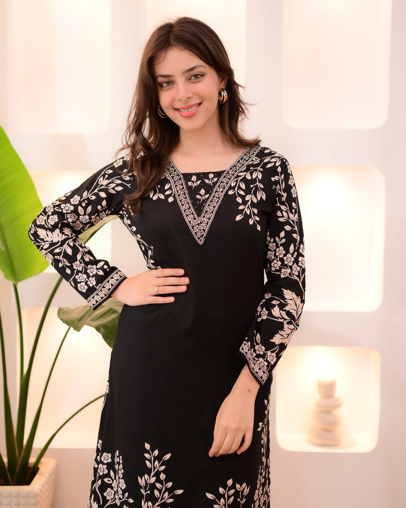 Black Petals Cotton A Line Kurta Palazzo Set