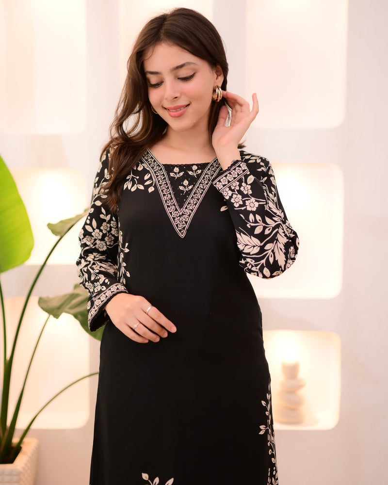 Black Petals Cotton A Line Kurta Palazzo Set