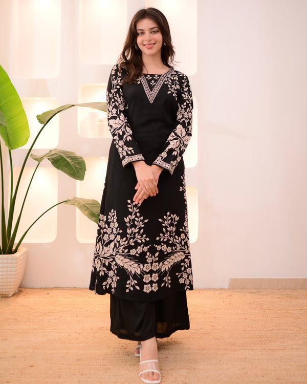 Black Petals Cotton A Line Kurta Palazzo Set