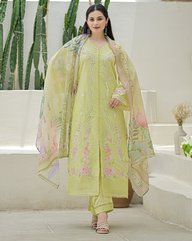 Lime Green Pakistani Handwork Festive Cotton Suit