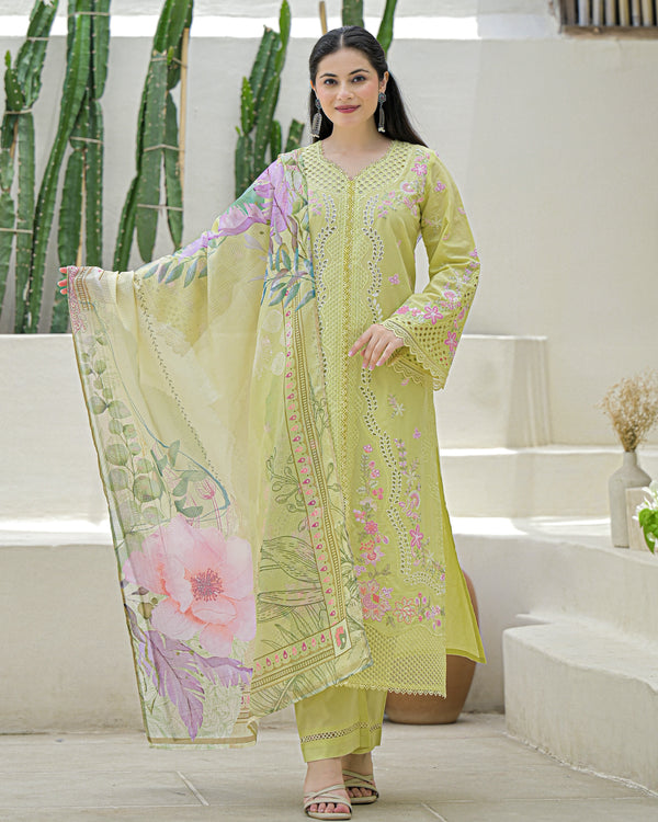 Lime Green Pakistani Handwork Festive Cotton Suit