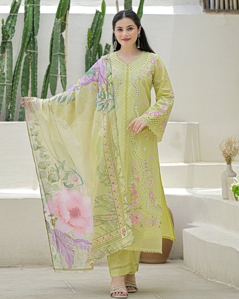 Lime Green Pakistani Handwork Festive Cotton Suit