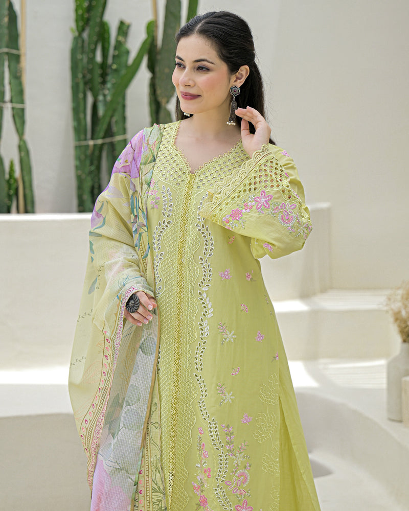 Lime Green Pakistani Handwork Festive Cotton Suit