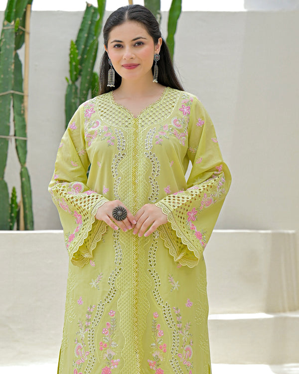 Lime Green Pakistani Handwork Festive Cotton Suit