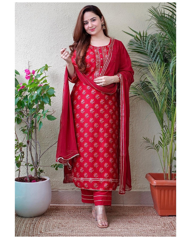 Chanderi Cotton Embroidery Pant Style Suit In Red Colour - US3234353
