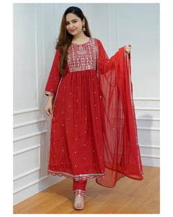 Red Nayra Embroidered Suit