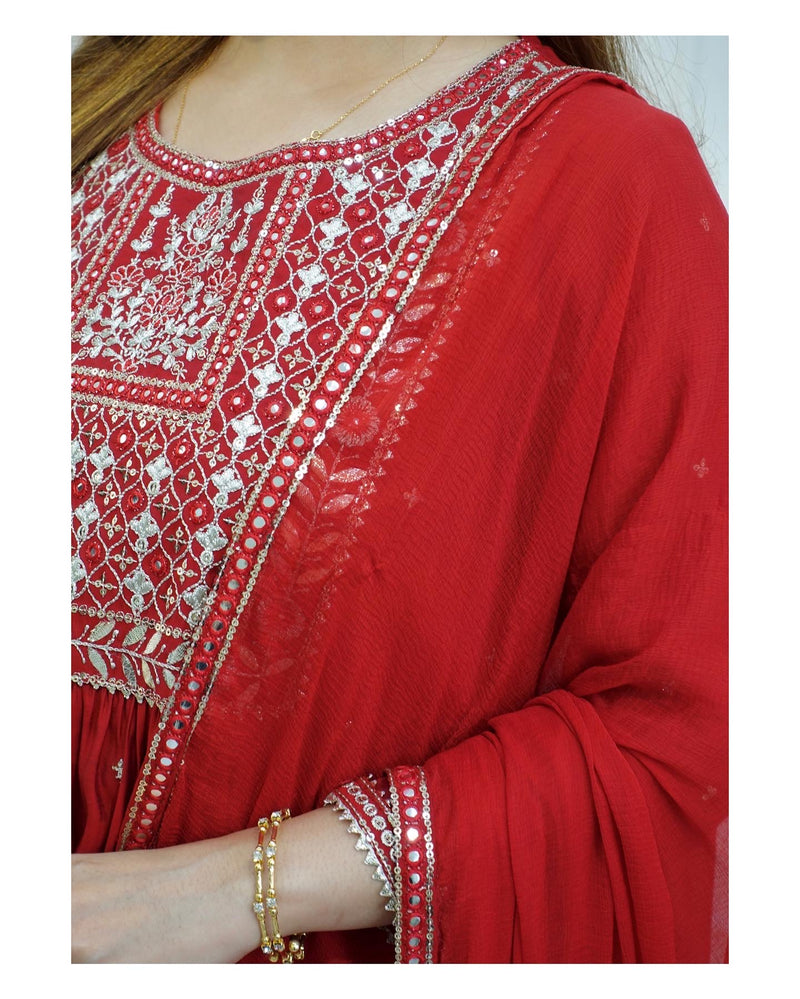Red Nayra Embroidered Suit