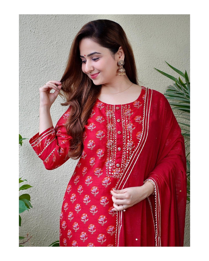 Embroidered Chanderi Silk Pakistani Suit in Red : KTLX487