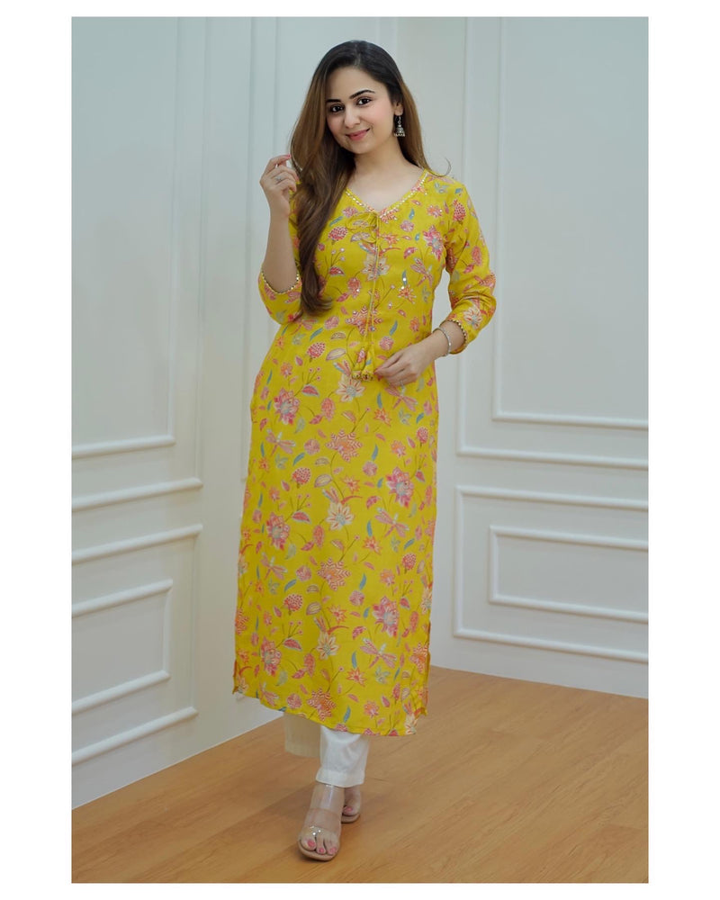 Buy Mustard Yellow Long Santoon Kurti With Multi Color Floral Print Kalki  Fashion India
