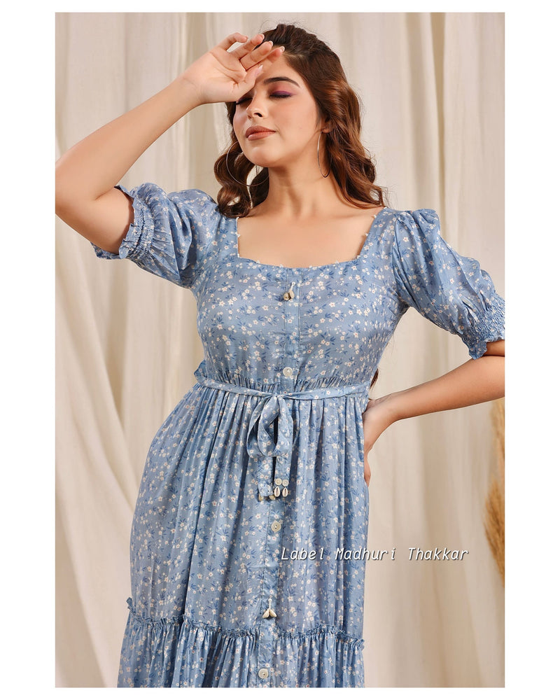 Blue Muslin Belt Dress