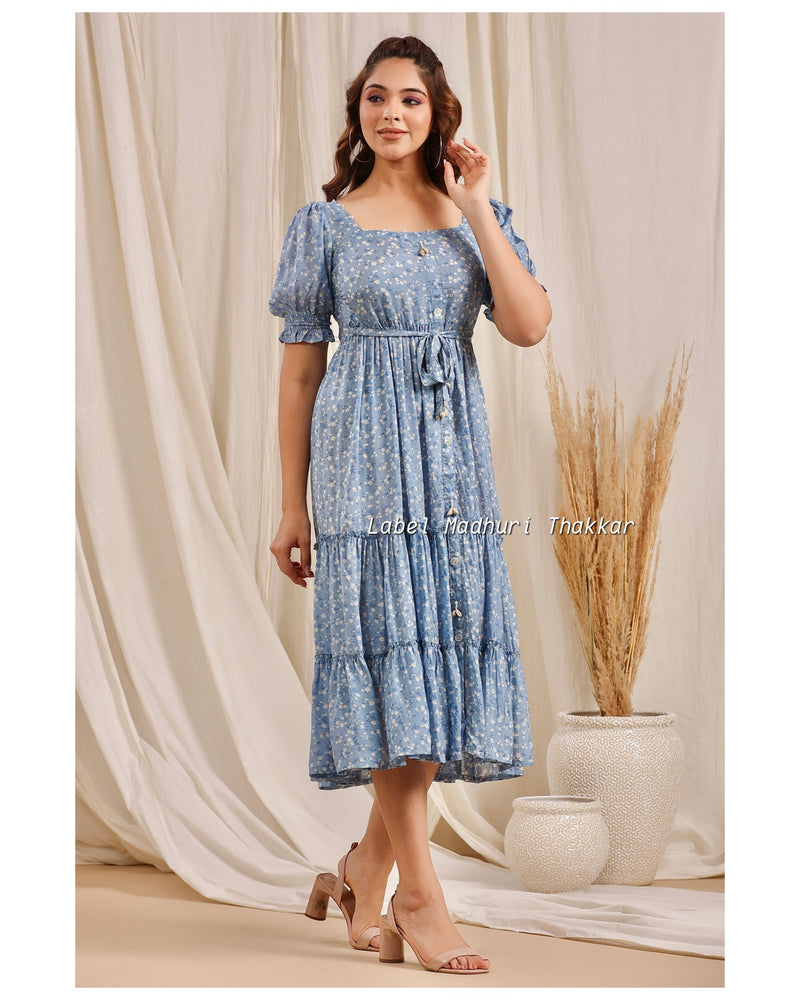 Blue Muslin Belt Dress
