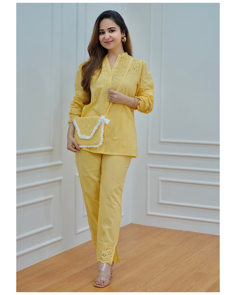 Yellow Schiffli Co-ord with Bag