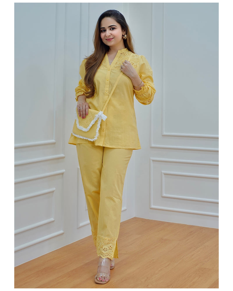 Yellow Schiffli Co-ord with Bag