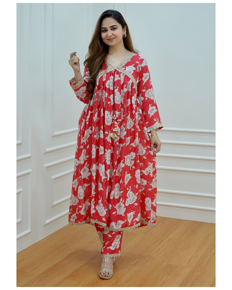 Red Floral Muslin Co-ord Set