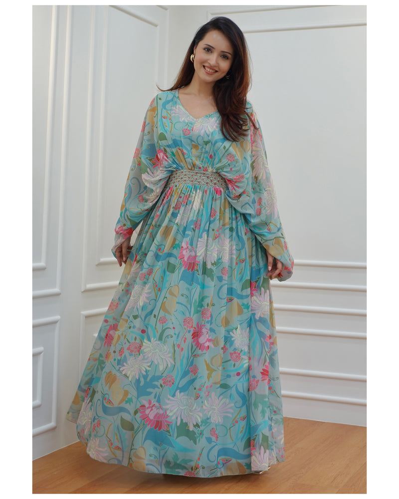 Turquoise Floral Chiffon Gown – Label Madhuri Thakkar