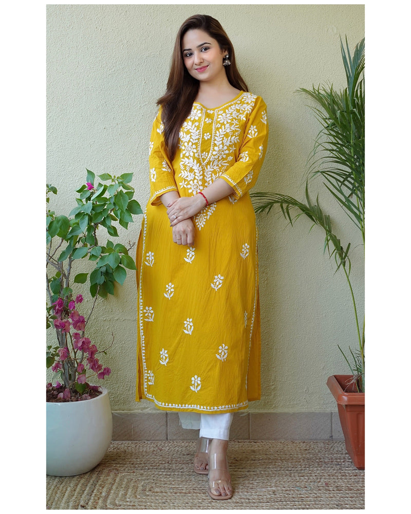 Designer Cotton Yellow Chikan Long Kurti Kurta SC911 Size 36 – Ethnic's By  Anvi Creations
