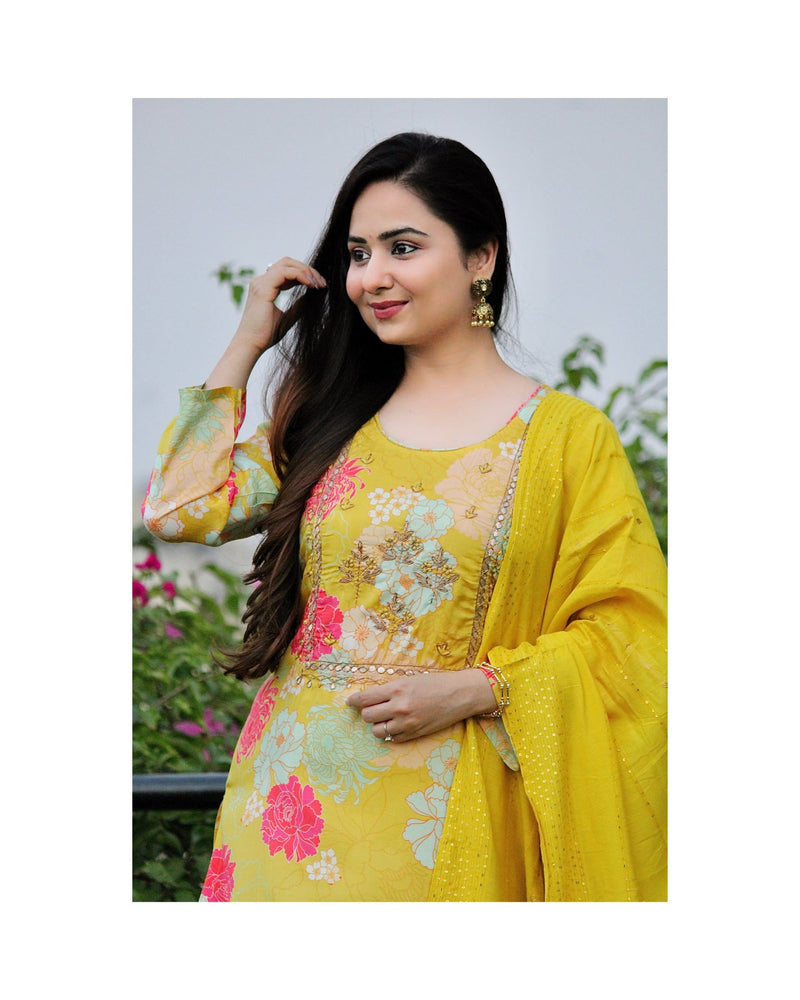 Yellow Muslin Embroidered Suit
