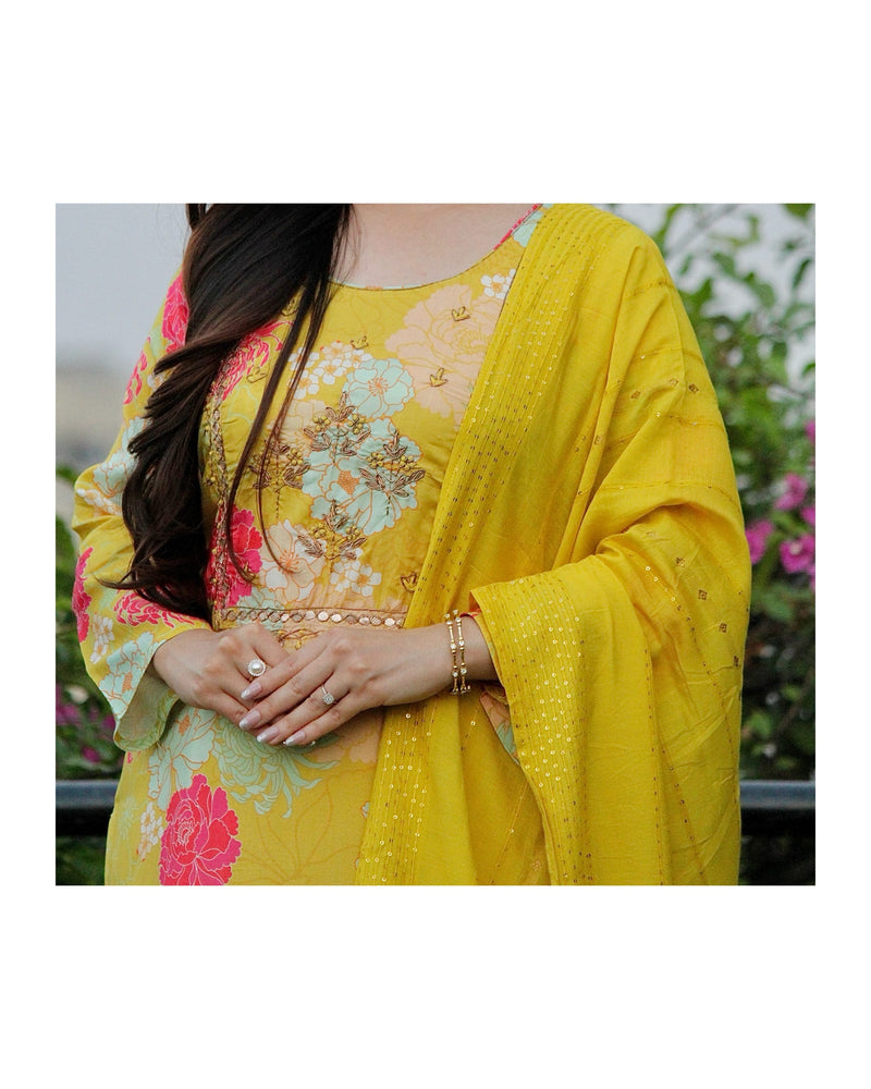 Yellow Muslin Embroidered Suit