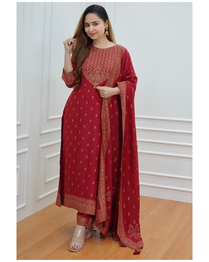 Maroon Embroidered Pashmina Suit
