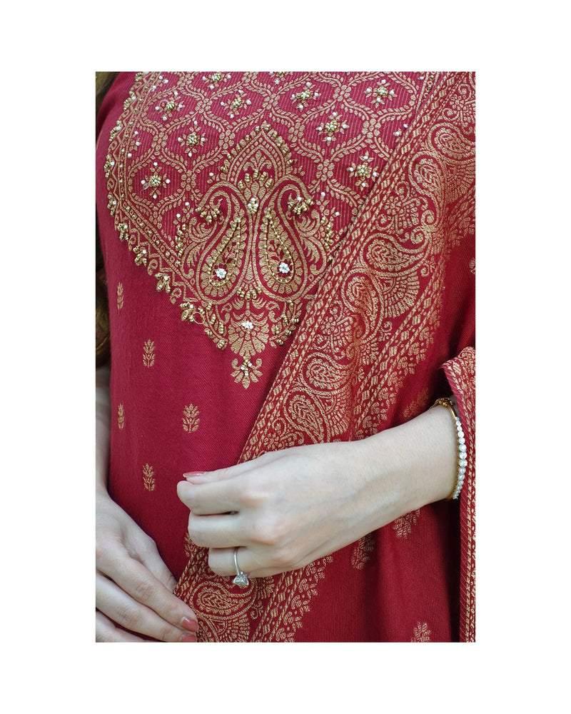 Maroon Embroidered Pashmina Suit
